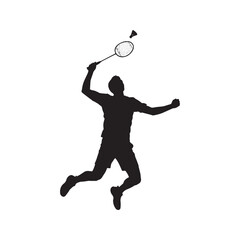 Badminton player silhouette in action, jumping to smash the shuttlecock. Vector graphic of an athlete in a sports game, isolated on a white background.
