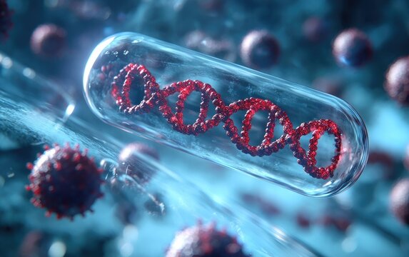 DNA strand inside clear capsule, virus-like spheres around - Powered by Adobe