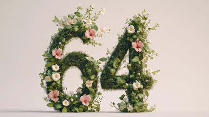Floral Numbers 64 Decor Made of Flowers and Greenery for Celebration Milestone. Ideal for anniversary, milestone parties, or festive events, conveying joy, growth, and togetherness.