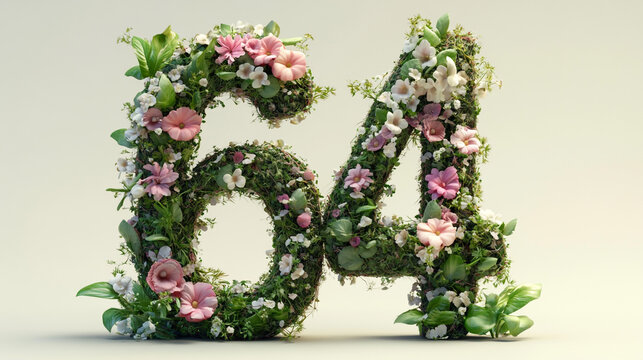 Floral Numbers 64 Decor Made of Flowers and Greenery for Celebration Milestone. Ideal for anniversary, milestone parties, or festive events, conveying joy, growth, and togetherness.