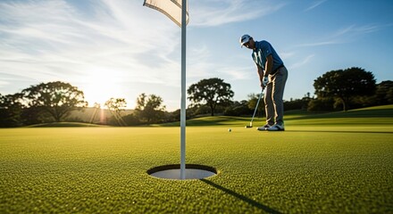 Golfer lining up a putt on a sunny golf course green
