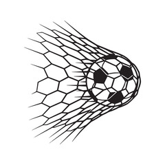Soccer goal icon, a football scoring in the net. Black and white vector illustration of a winning shot in a sports match. Symbol of victory and competition, isolated on white background.
