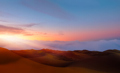 Sand dunes in the Sahara Desert at amazing sunrise, Merzouga, Morocco - Orange dunes in the desert of Morocco - Sahara desert, Morocco