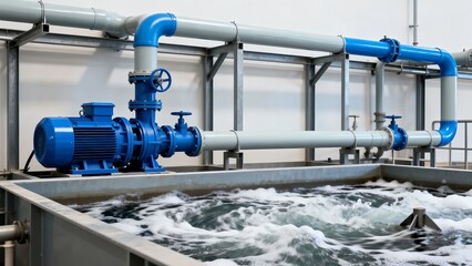 Industrial water pump system with blue motor and pipes in a waterfilled basin showcasing engineering and fluid dynamics for industrial applications and water management solutions and systems
