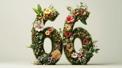 Floral Numbers 66 Decor Made of Flowers and Greenery for Celebration Milestone. Ideal for anniversary, milestone parties, or festive events, conveying joy, growth, and togetherness.