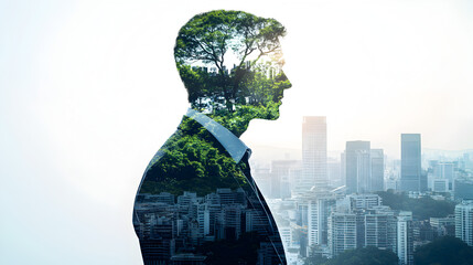 Conceptual illustration of corporate professional showing ESG 2026 metrics related to environmental care, social responsibility, and transparent leadership over white background.