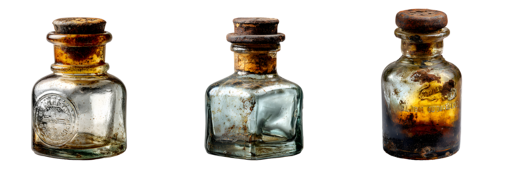 Set of old glass apothecary bottles with rusted stoppers, isolated on transparent background