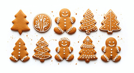Line-Up of Gingerbread Men and Christmas Tree Cookies with White Royal Icing and Crumbs, Isolated on a White Background