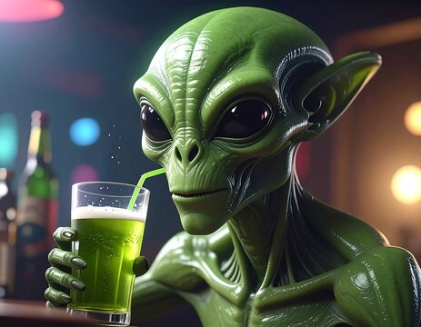 Close-up of green alien enjoying a vibrant green drink at a bar