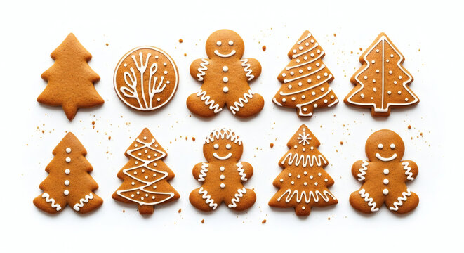 Line-Up of Gingerbread Men and Christmas Tree Cookies with White Royal Icing and Crumbs, Isolated on a White Background