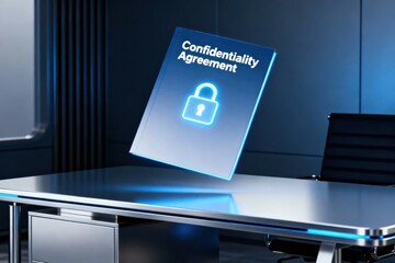 Confidentiality Agreement Document Floating Above Desk with Glowing Padlock Symbol