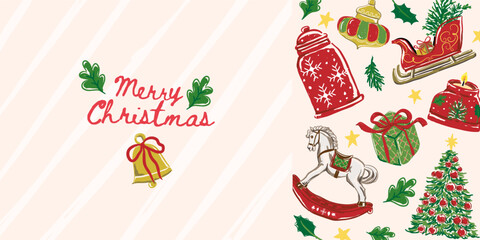 Christmas banner with xmas decoration, whimsical drawing Happy Holiday, Christmas background vector illustration, Can be used for Christmas gifts, decorations etc