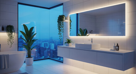 Modern minimalist bathroom with large mirror and blue ambient lighting