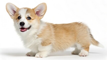 A cute, young Border Collie puppy sitting with a white Pomeranian dog and another Border Collie puppy isolated on a white background