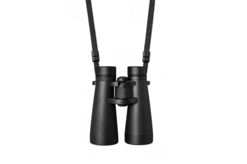 Black binoculars on a strap, observing, searching, exploring, magnifying vision, adventure, travel, nature