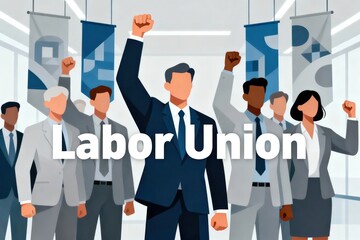 Labor Union Rally with Raised Fists and Diverse Workforce Graphic