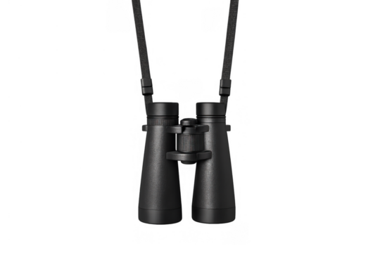 Black binoculars on a strap, observing, searching, exploring, magnifying vision, adventure, travel, nature