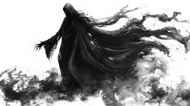 Detailed illustration of a creepy ghostly specter with eerie aura, sinister and spooky Halloween character isolated on white background for horror design themes