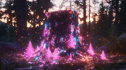 Tree stump in the center surrounded by holographic trees, blending nature and technology, symbolizing digital forest, sustainability, growth, innovation, and the fusion of organic and virtual worlds