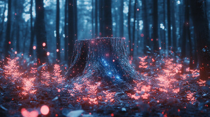 Tree stump in the center surrounded by holographic trees, blending nature and technology, symbolizing digital forest, sustainability, growth, innovation, and the fusion of organic and virtual worlds