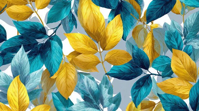 A captivating pattern of teal and golden leaves, presenting a harmonious blend of nature's hues