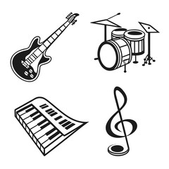 Music instrument icons showing guitar, drums, and keyboard