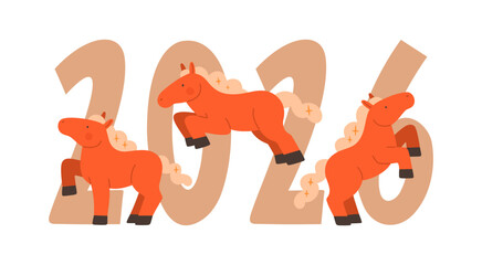 2026 Year of the Horse. Chinese calendar New Year symbol. Cute vector set. Red cartoon horses  illustration. Happy New Year greeting card, banner template. 