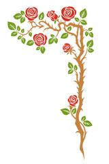 corner ornament with thorny branch and blooming roses floral frame