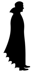 Halloween vampire silhouette in side view with high collar cape, Dracula