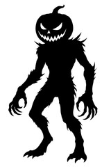 Fototapeta premium Halloween character Pumpkin Head Demon silhouette with sharp claws and evil grin, creepy monster with carved jack o lantern head