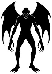 Halloween vampire demon silhouette with wings, sharp claws and fangs, terrifying bat-like creature