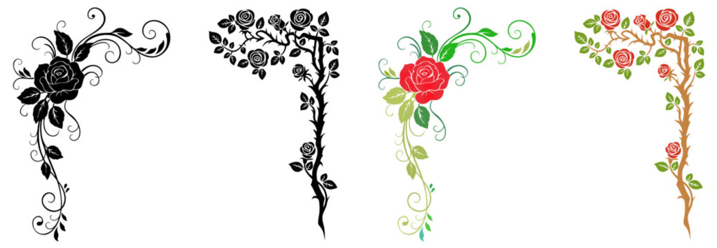 Halloween corner ornament with floral roses and curling vines in gothic style