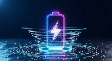 Glowing battery icon with lightning symbol above futuristic charging platform highlighting renewable energy capacity and efficient power transfer high tech digital environment full of light effects