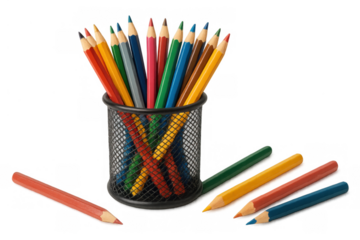 Drawing creativity with colorful wooden pencils in a black wire mesh holder, art supplies on transparent background