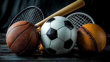 Various sports balls arranged on a wooden surface.