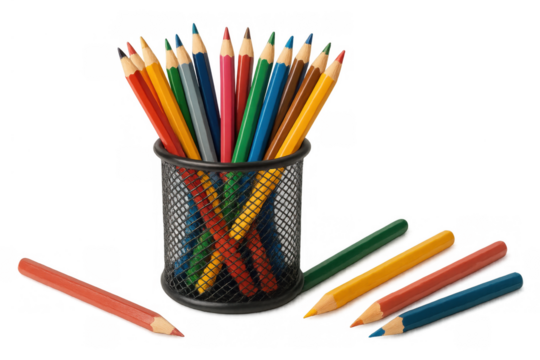 Drawing creativity with colorful wooden pencils in a black wire mesh holder, art supplies on transparent background