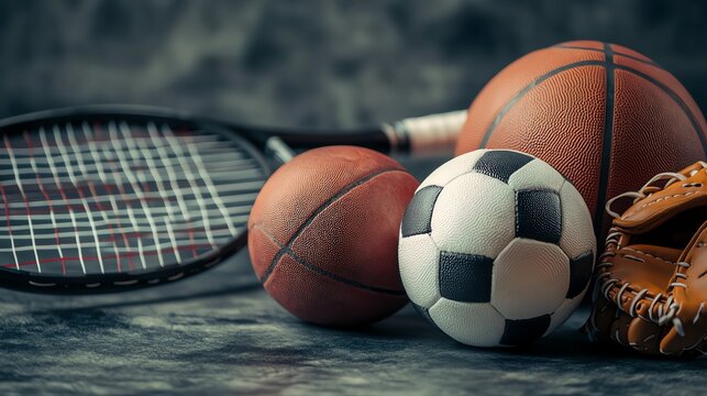 Various sports equipment on a textured surface.