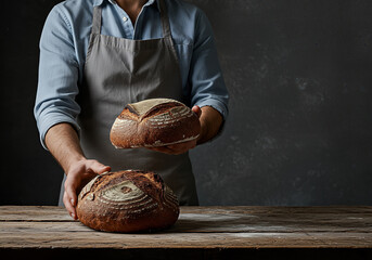 Artisan baker showcasing freshly baked sourdough loaves in rustic setting, handmade and traditional baking concept for food photography backdrop.