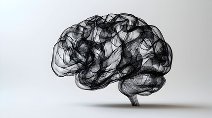Monochromatic abstract brain line illustration, minimalist design isolated on white background, symbolizing human thought, intelligence, and creativity
