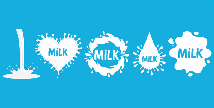 Set of white milk splash drop graphic design logos with text "MILK" on blue background