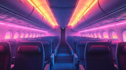 Futuristic airplane interior illuminated by vibrant neon lights, showcasing sleek seating and modern design.