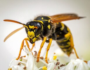 Naklejka premium Macro shot of a black and yellow striped insect, atop a white flower
