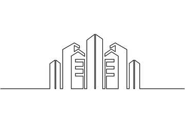 Fototapeta premium Minimal Office Building City Skyline Single Line Art Vector Modern Urban Architecture Outline Illustration.