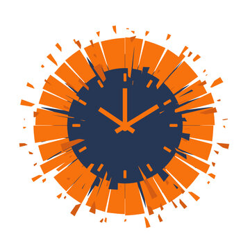 An abstract visual representation of a clock exploding outwards with vibrant orange pieces, conveying concepts of urgency, deadlines, and time pressure.