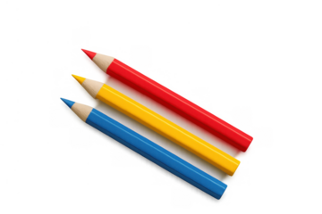 Primary color pencils red, yellow, and blue isolated on a transparent background, representing art and education concepts