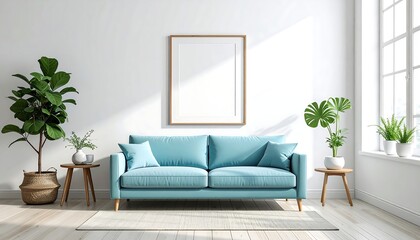 Naklejka premium Modern bright room featuring a blue couch, plants, and a framed art