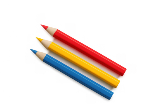 Primary color pencils red, yellow, and blue isolated on a transparent background, representing art and education concepts