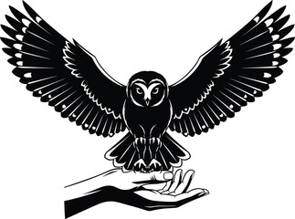 Owl landing on human hand, black and white silhouette, dramatic wingspan, wisdom symbol, nature connection, cad drawing flat vector illustration