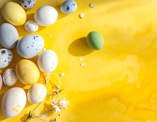 Colorful painted eggs and blossoms against a vibrant yellow backdrop