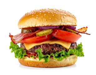 Delicious burger with sesame bun, beef patty, and fresh toppings